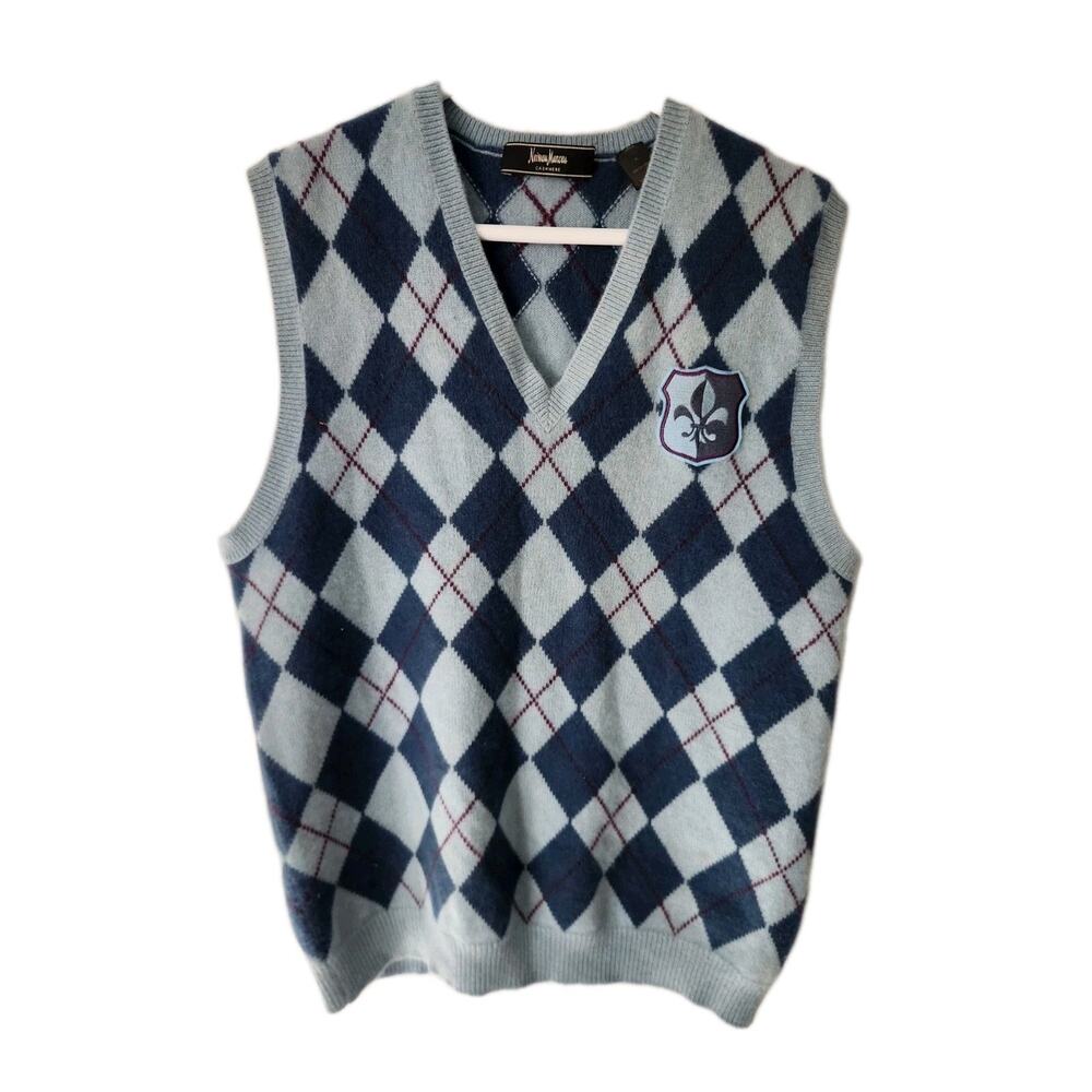 Neiman Marcus Argyle Print 100% Cashmere Blue Sweater Vest Men's Size XL Preppy